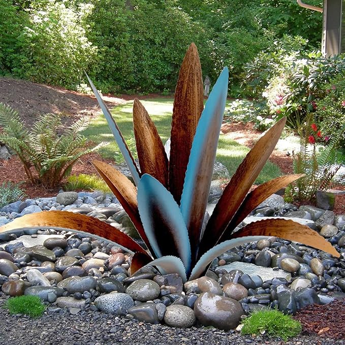 Blue Metal Agave Garden Sculpture - 12-Leaf Rustic Outdoor and Indoor Decor