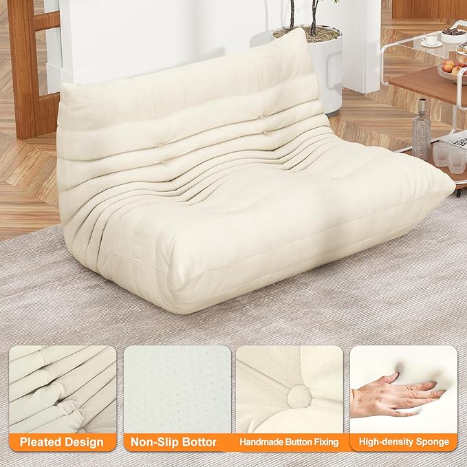 Cream Ripple Loveseat Floor Sofa - Togo-Style Foam Lounge Sofa with Wave Profile for Living Room, Reading Corner, and Japandi Interiors