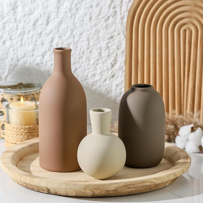 Set of 3 ceramic vases: terracotta tall bottle, cream bulb vase, dark gray vase