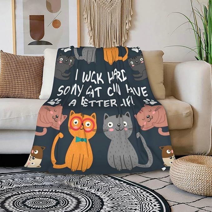 Cat throw blanket with fuzzy flannel look, cartoon cats, and 'I WORK HARD' quote