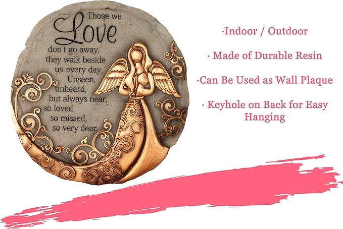 Angel memorial garden stone with bronze details; durable resin plaque for indoor or outdoor use
