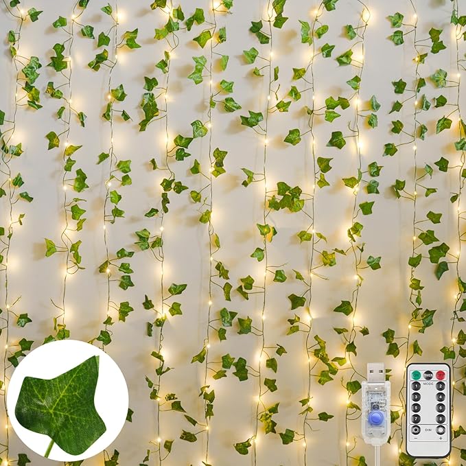 Ivy Vine Curtain Lights – 6.5ft x 6.5ft 200 LED Warm White | Copper Wire | Pre-Attached Leaf Curtain | Remote Timer 8 Modes | Bedroom Dorm Wedding Party Wall