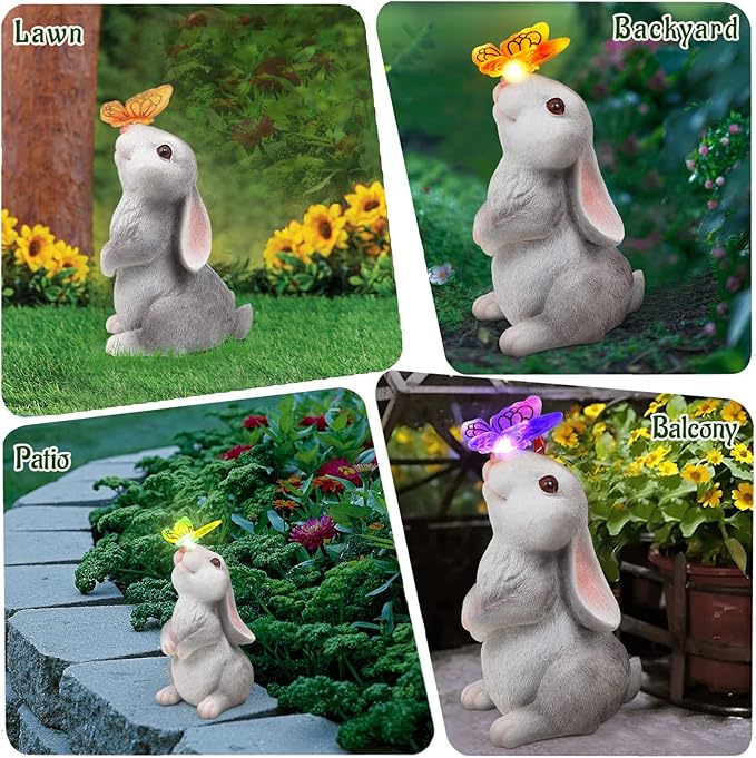 Solar Rabbit Garden Statue with Butterfly LED Light - 9.5-Inch Resin Decor