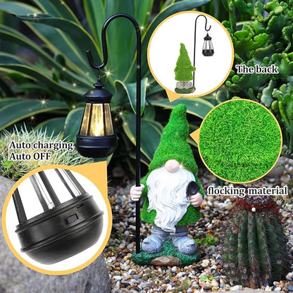 Green pine gnome solar lantern with glowing top, flocked texture detail outdoors