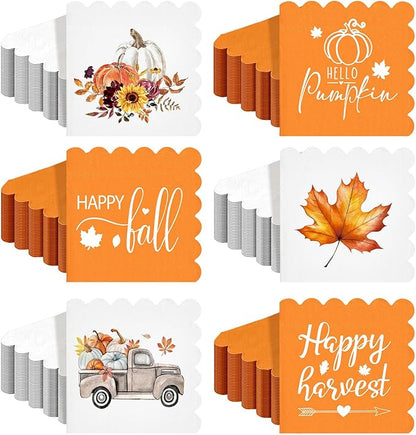 Fall Thanksgiving Paper Napkins, 150 Count, 5 x 5 Inches – Scalloped Pumpkin Cocktail & Dessert Napkins for Autumn Harvest Parties, Dinner Tables, Weddings, Bathroom Decor & Decoupage