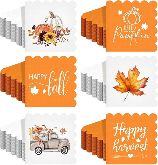 Fall Thanksgiving Paper Napkins, 150 Count, 5 x 5 Inches – Scalloped Pumpkin Cocktail & Dessert Napkins for Autumn Harvest Parties, Dinner Tables, Weddings, Bathroom Decor & Decoupage