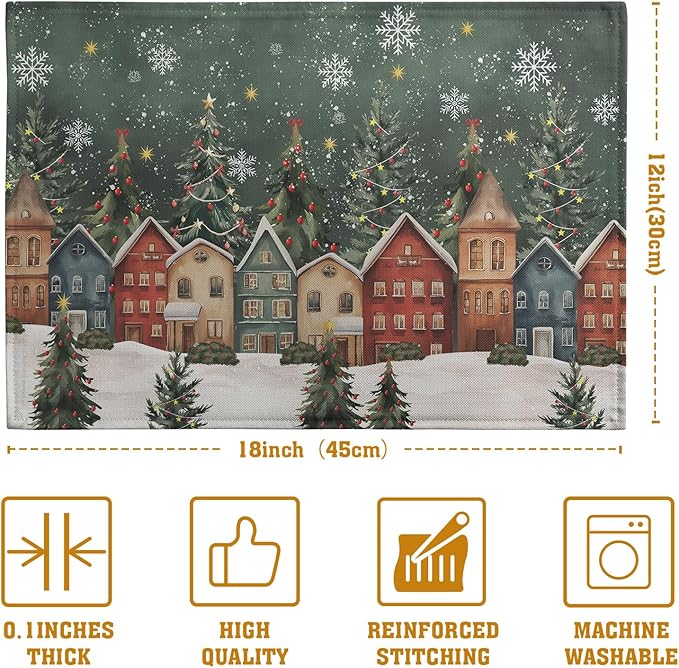 Green winter placemat showing snowy town village with fir trees and snowflakes