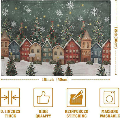 Green winter placemat showing snowy town village with fir trees and snowflakes