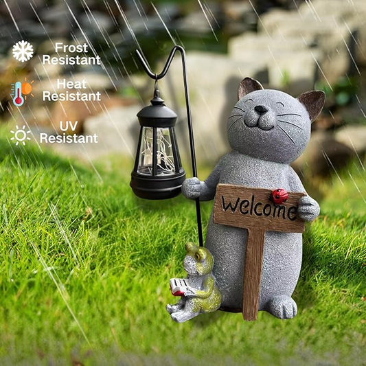 Cat Solar Garden Statue with Lantern and Welcome Sign - IP44 Resin Decor