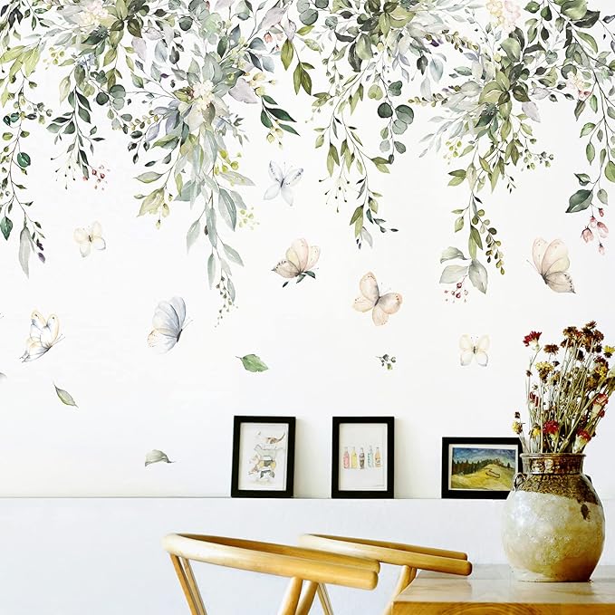 Garden leaf and butterfly wall decal covering the wall