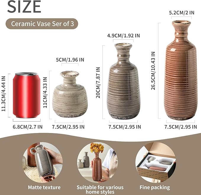Set of 3 ceramic vases: terracotta brown and stone-gray fluted cylindrical styles