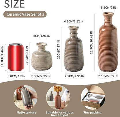 Set of 3 ceramic vases: terracotta brown and stone-gray fluted cylindrical styles
