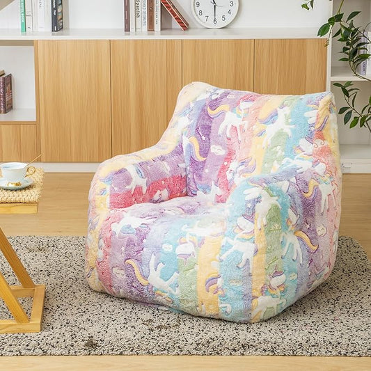 Rainbow Unicorn Bean Bag Armchair - Pastel Cloud Print Memory Foam Chair with Washable Cover for Kids Room, Reading, and Magical Family Moments