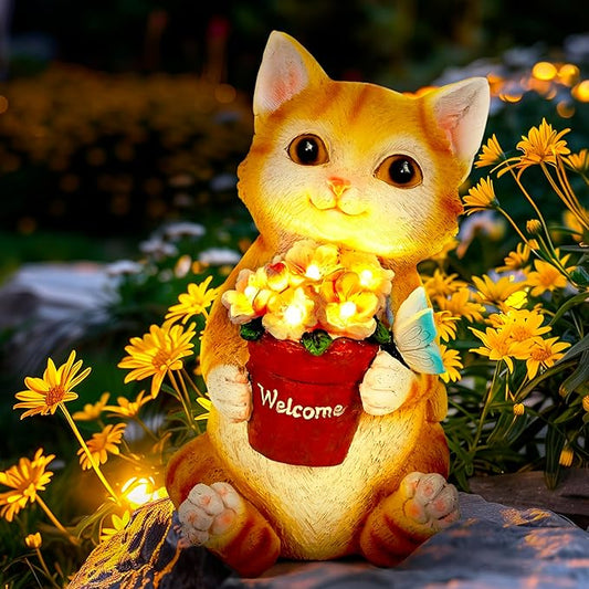 Cat Solar Garden Statue with Flower Pot and 5 LED Lights - Resin Outdoor Decor