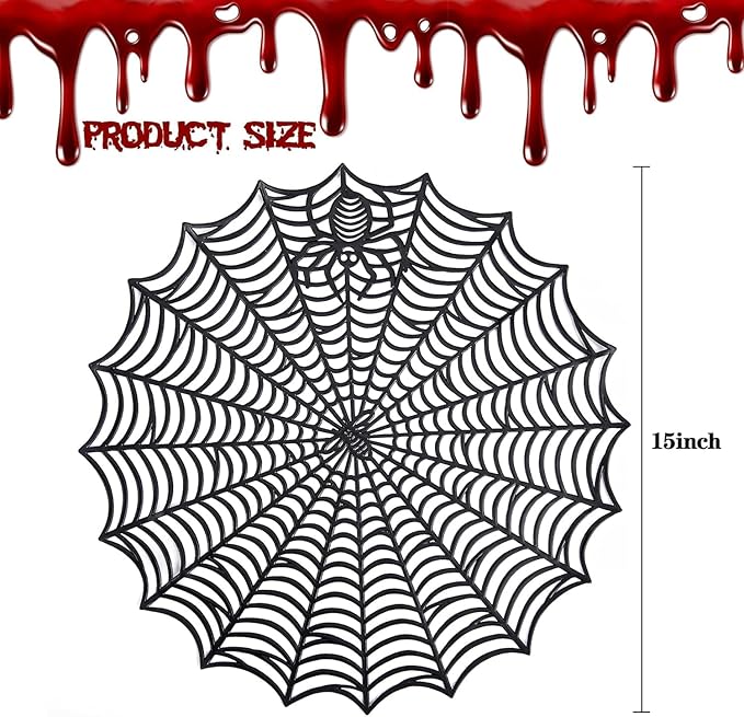 Round black spider web PVC placemat with central spider web hub, 15-inch size shown