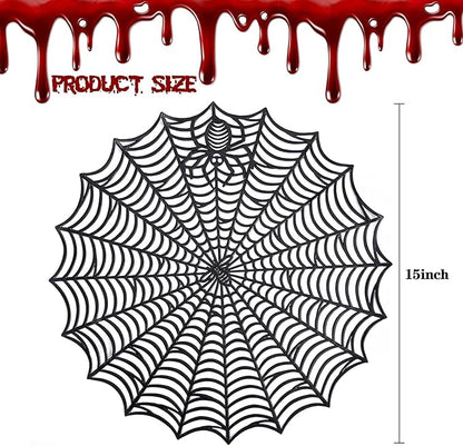 Round black spider web PVC placemat with central spider web hub, 15-inch size shown