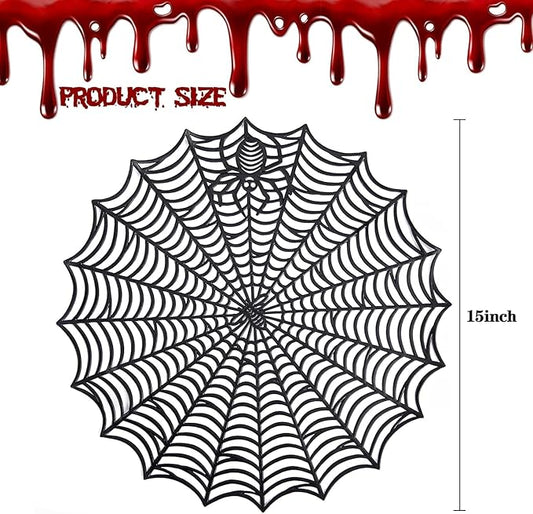 Round black spider web PVC placemat with central spider web hub, 15-inch size shown