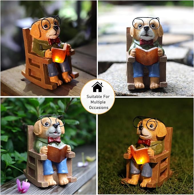 Solar Dog Garden Statue Reading a Book - IP65 Waterproof Resin Outdoor Decor