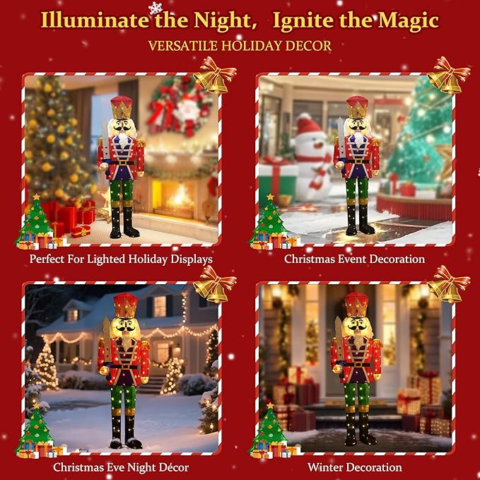 Set of lighted nutcracker yard decor for night displays, red hat, green pants, glowing LEDs
