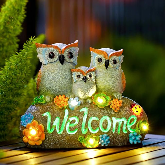 Solar Owl Garden Statue with Welcome Sign and Luminous Paint - Resin Outdoor Decor Gift