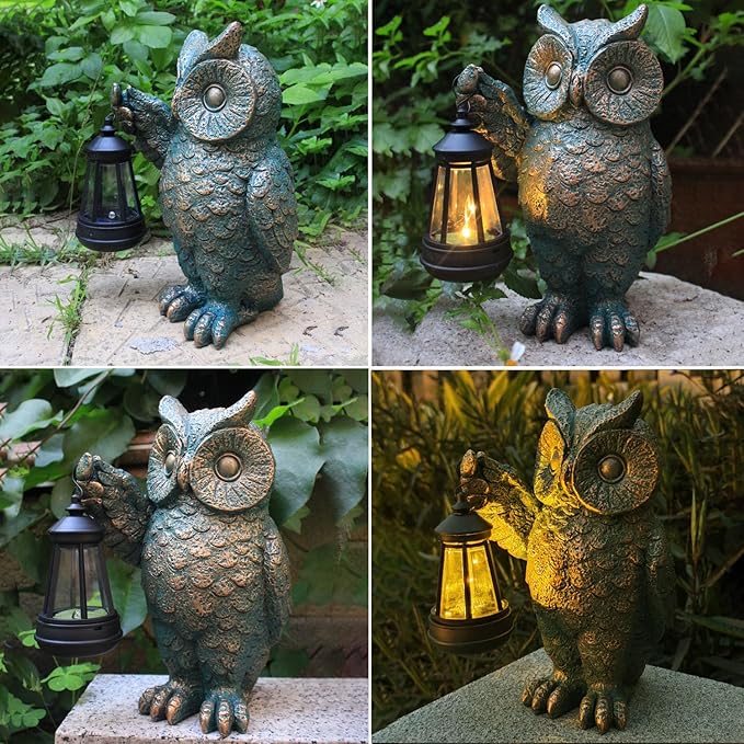 Solar Owl Garden Statue Holding Lantern - Realistic Resin Evening Gathering and Pathway Decor