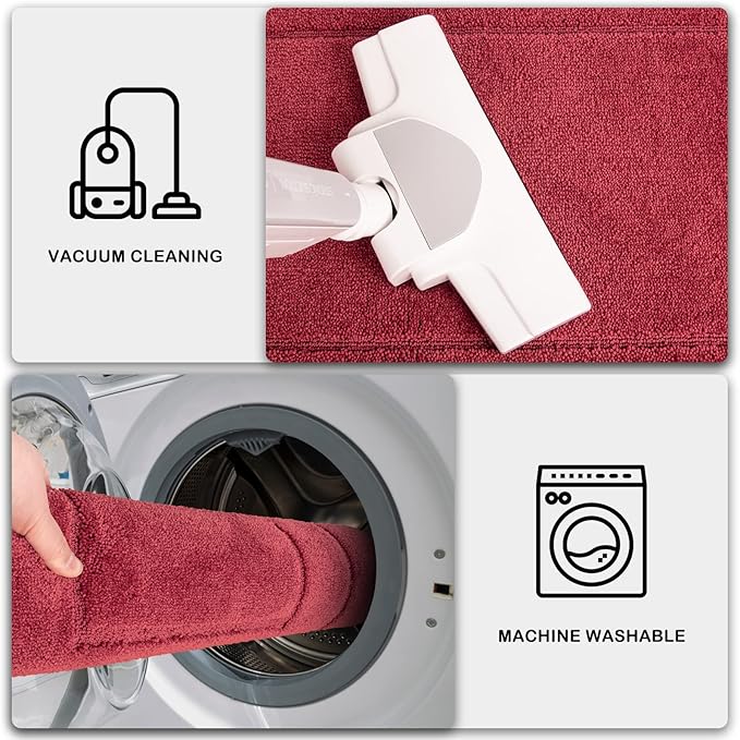 Burgundy red entryway runner shown vacuumed and machine-washed for easy cleaning