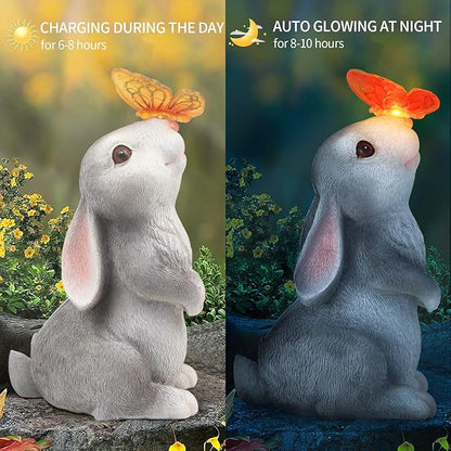Solar Rabbit Garden Statue with Butterfly LED Light - 9.5-Inch Resin Decor