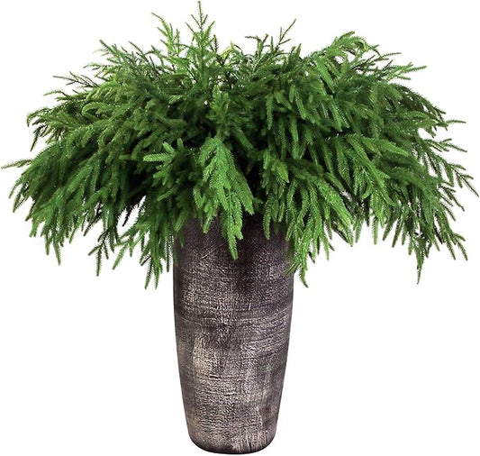 Artificial Norfolk pine stems in a gray textured pot, dense faux green needle foliage