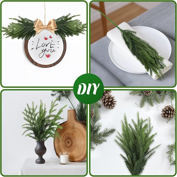 Green faux pine branch stem with realistic needle foliage for DIY decorating