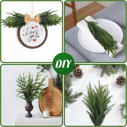 Green faux pine branch stem with realistic needle foliage for DIY decorating