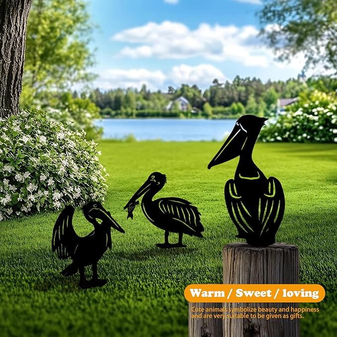3-Pack Pelican Metal Garden Stakes - Weather-Resistant Bird Yard Decor