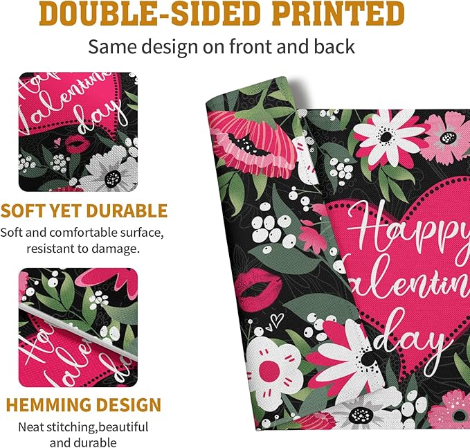 Happy Valentine's Day Floral Love Heart Placemats, Set of 4 – 18 x 12-Inch Cotton Linen Table Mats for Anniversary, Wedding Party, Kitchen & Dining Decor