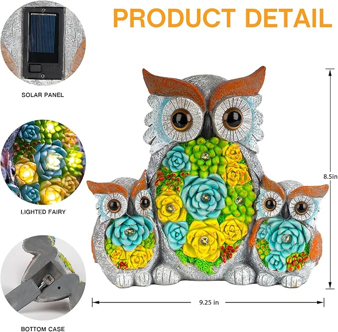 Solar Owl Garden Statue with Succulent LED Lights - IP65 Resin Outdoor Decor