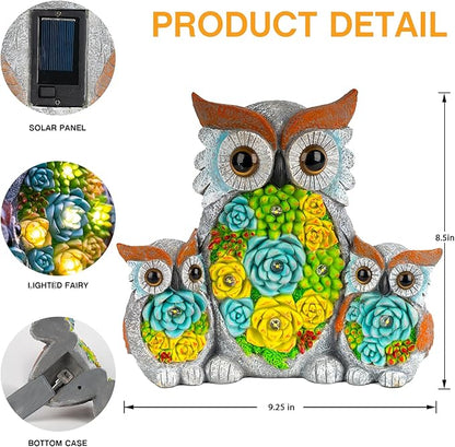 Solar Owl Garden Statue with Succulent LED Lights - IP65 Resin Outdoor Decor