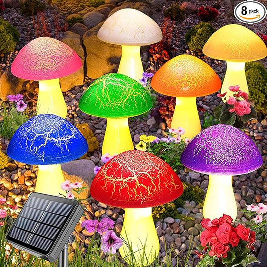 Multicolored cracked-surface solar mushroom garden lights with yellow stems, 8-pack