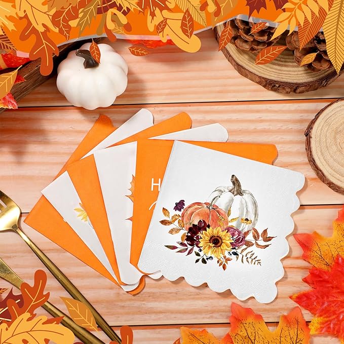 Fall Thanksgiving Paper Napkins, 150 Count, 5 x 5 Inches – Scalloped Pumpkin Cocktail & Dessert Napkins for Autumn Harvest Parties, Dinner Tables, Weddings, Bathroom Decor & Decoupage
