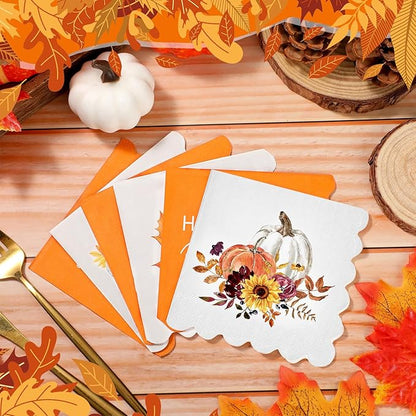 Fall Thanksgiving Paper Napkins, 150 Count, 5 x 5 Inches – Scalloped Pumpkin Cocktail & Dessert Napkins for Autumn Harvest Parties, Dinner Tables, Weddings, Bathroom Decor & Decoupage