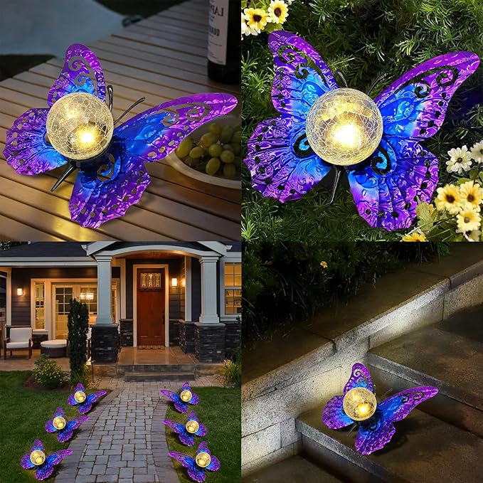 Solar Butterfly Garden Stake Light with Crackle Glass Globe - Metal Outdoor Decor