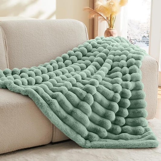 Sage Green Faux Rabbit Fur Throw Blanket – 50"x60" | 770GSM Double-Sided Luxury Fluffy Blanket | All Seasons | 3D Striped Plush Couch Throw