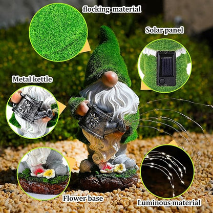 Solar garden gnome with green hat, solar panel, metal kettle, flower-base with light strands
