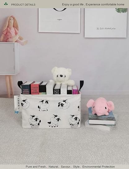 Cartoon Cow Canvas Storage Hamper Basket - Foldable Waterproof Black and White Cow Print Bin for Farm Nursery, Kids Room, and Cow Gift Hampers