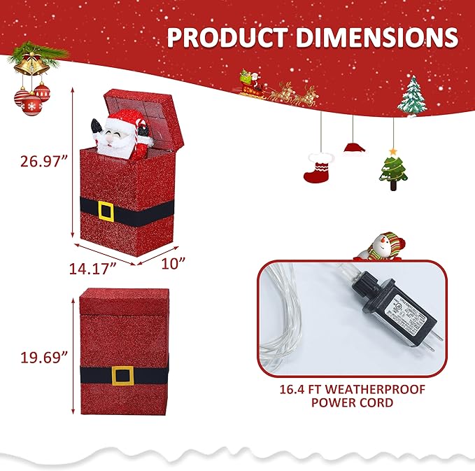 Red glitter Santa Claus gift box decor with power cord shown in size diagram