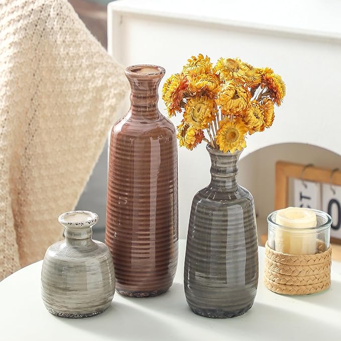 Set of 3 fluted ceramic vases in terracotta brown and stone-gray with stacked views