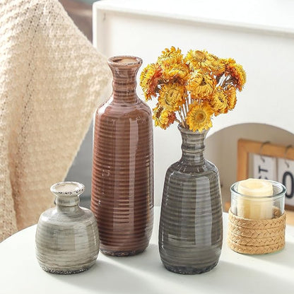 Set of 3 fluted ceramic vases in terracotta brown and stone-gray with stacked views