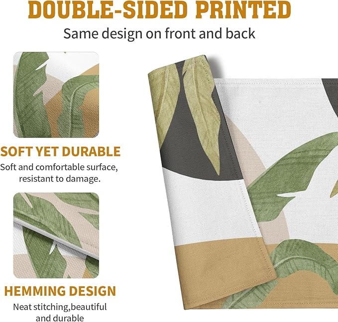 Double-sided tropical leaf placemat with green banana and palm leaves on white and tan