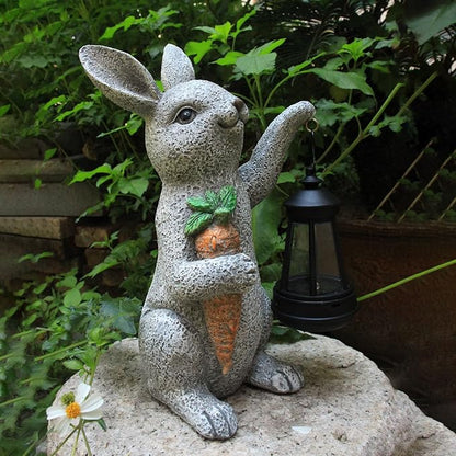 Solar Rabbit Garden Statue with Lantern and Carrot - Handmade Resin Pathway and Patio Decor