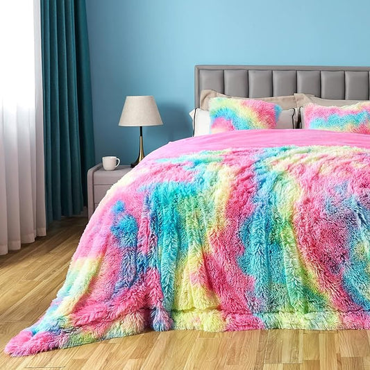 Dark Rainbow Shaggy Faux Fur Queen Blanket – 90"x90" | 1.5" Deep Plush Pile | Moody Jewel-Tone Throw for Queen Beds & Dark Fantasy Bedrooms