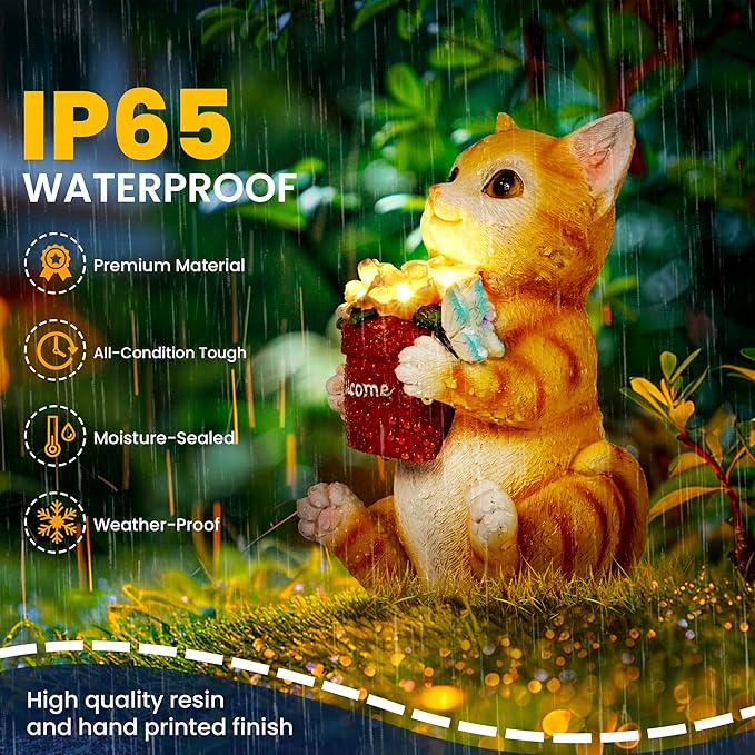Cat Solar Garden Statue with Flower Pot and 5 LED Lights - Resin Outdoor Decor