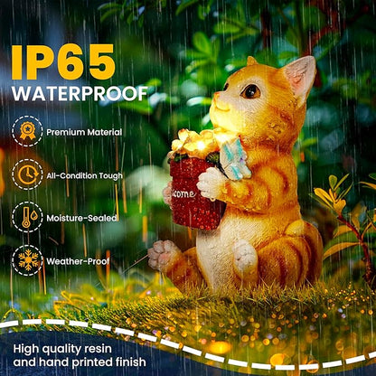 Cat Solar Garden Statue with Flower Pot and 5 LED Lights - Resin Outdoor Decor
