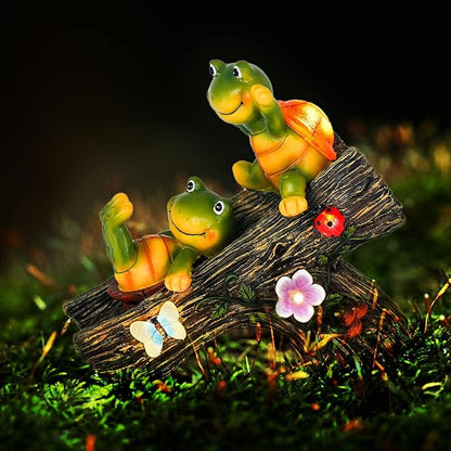Solar Turtle Garden Statue with Two Turtles on a Slide and 4 LED Lights - Resin Outdoor Decor